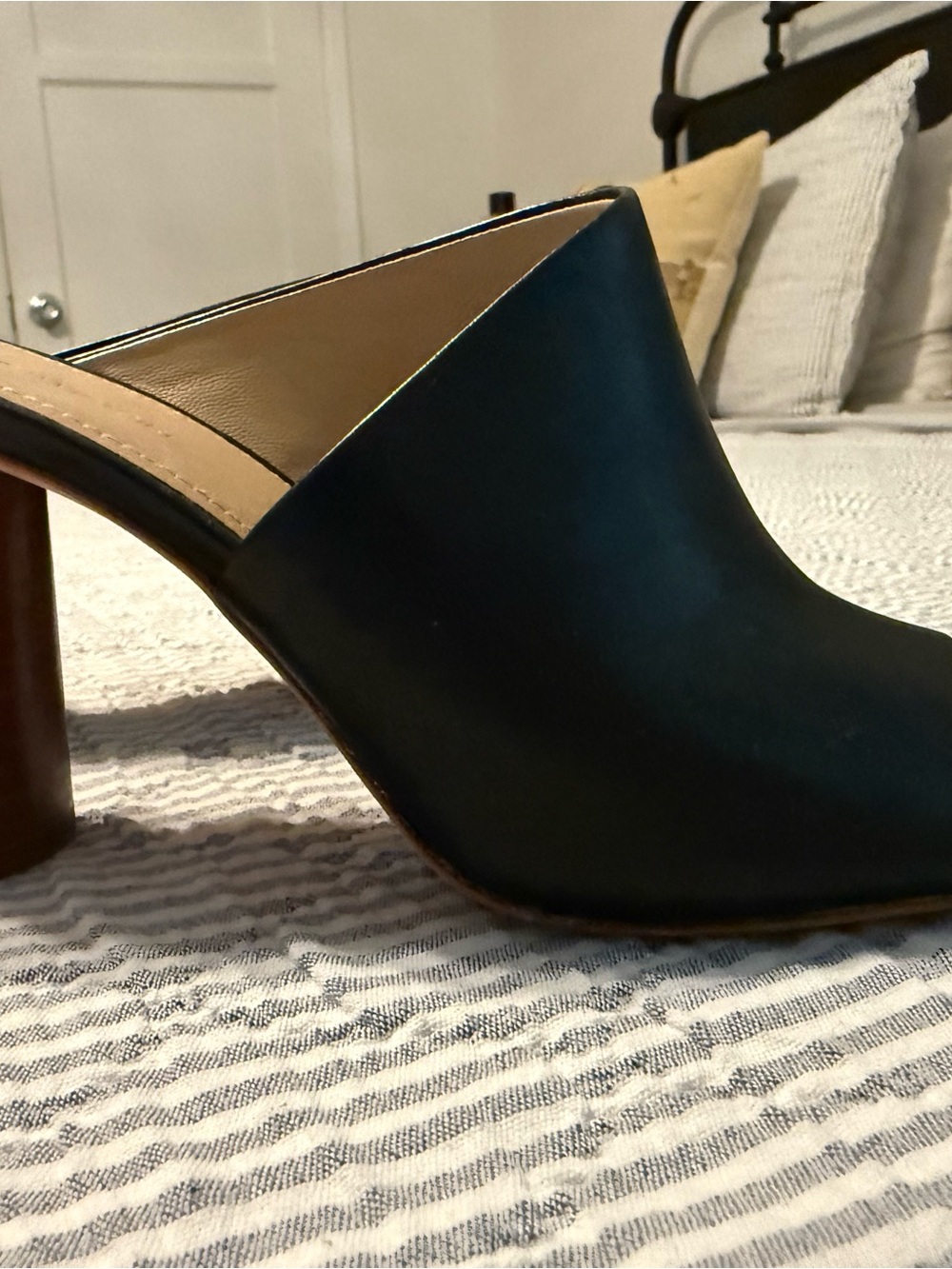 Pour La Victoire Black Leather Slip-On Mule with Stacked Heel
